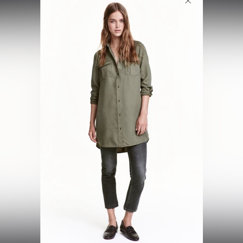 H&M Long Denim Shirt Khaki Green